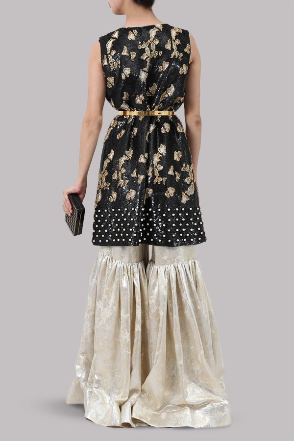 Black Embellished Tunic and Brocade Gharara Set - Image 3