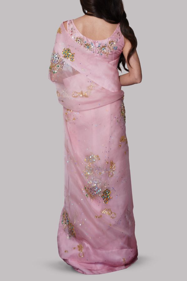 Sea Pink Embellished Organza Sari - Image 3