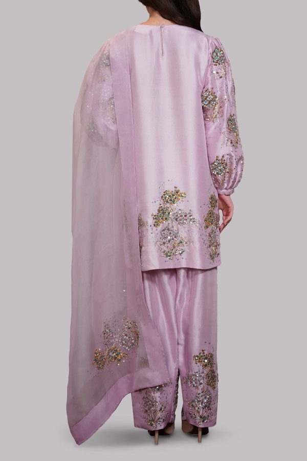 Lilac Chiffon Embellished Raw Silk Set - Image 3