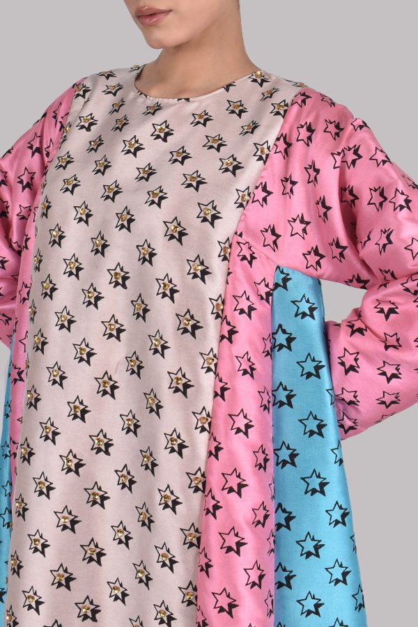 Rose Smoke, Plumeria and Scuba Blue Embellished Raw Silk Tunic - Image 4