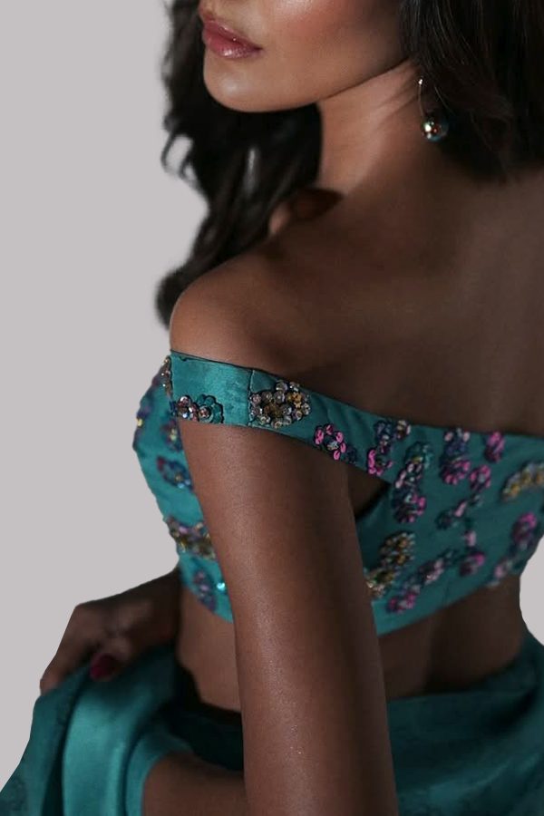 Scuba Blue Embellished Organza Sari - Image 4