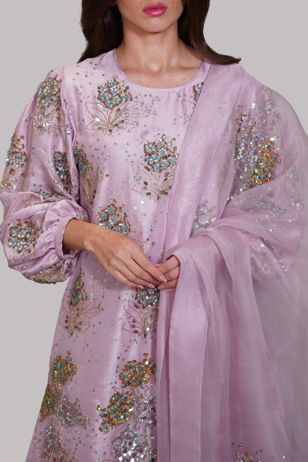Lilac Chiffon Embellished Raw Silk Set - Image 4