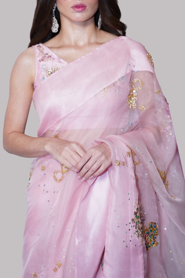 Sea Pink Embellished Organza Sari - Image 4