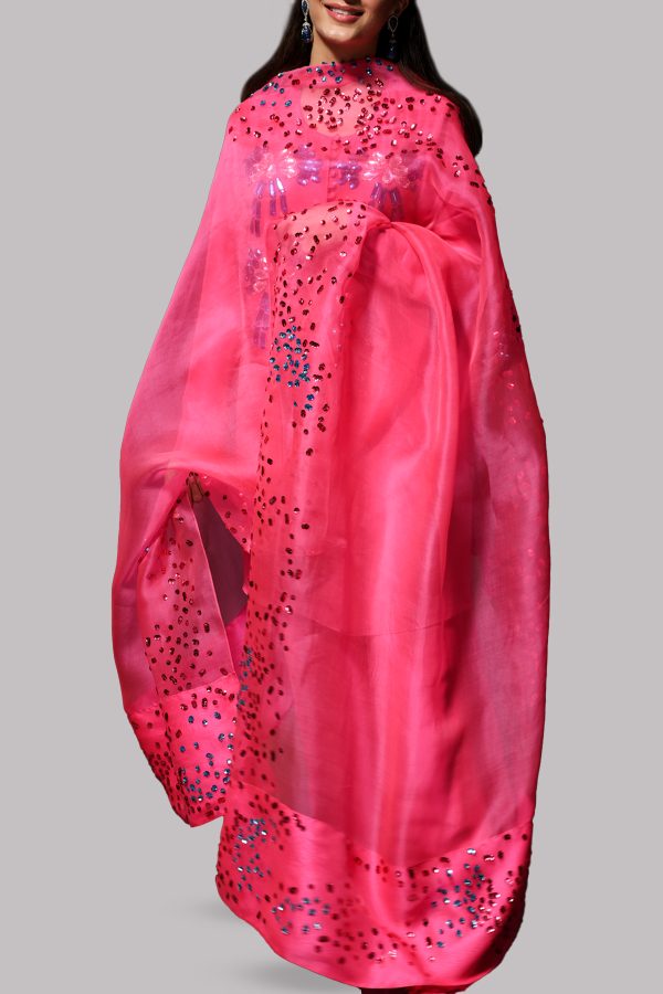 Camellia Pink Embellished Raw Silk Set - Image 3