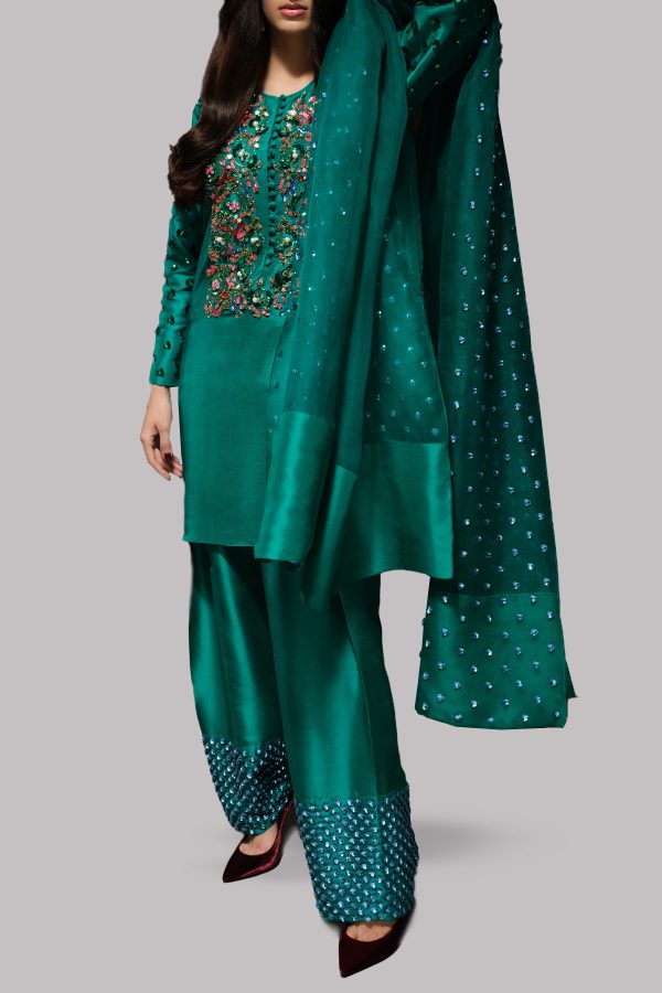 Cadmium Green Embellished Raw Silk Set - Image 2