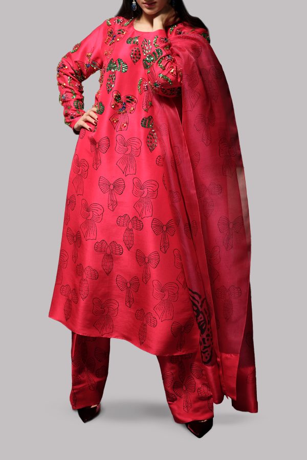 Tango Red Block Printed and Embellished Raw Silk Set - Image 2