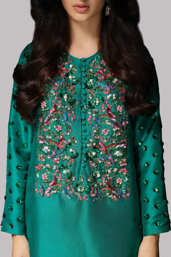 Cadmium Green Embellished Raw Silk Set - Image 3