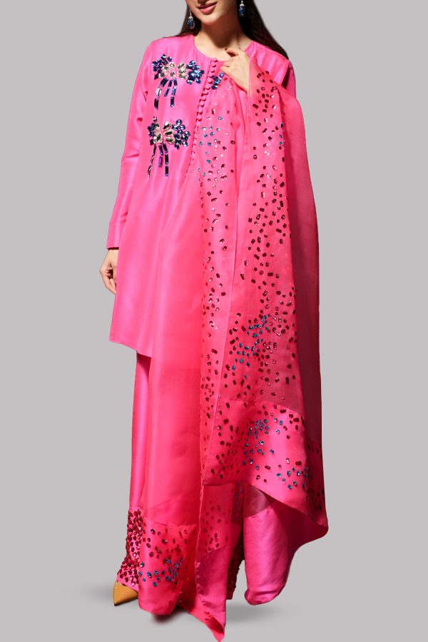 Camellia Pink Embellished Raw Silk Set - Image 2