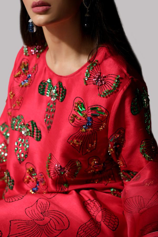 Tango Red Block Printed and Embellished Raw Silk Set - Image 3