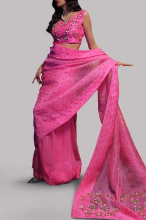 Azalea Pink Embellished Organza Sari