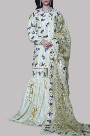 Egret Embellished Raw Silk Gharara Set