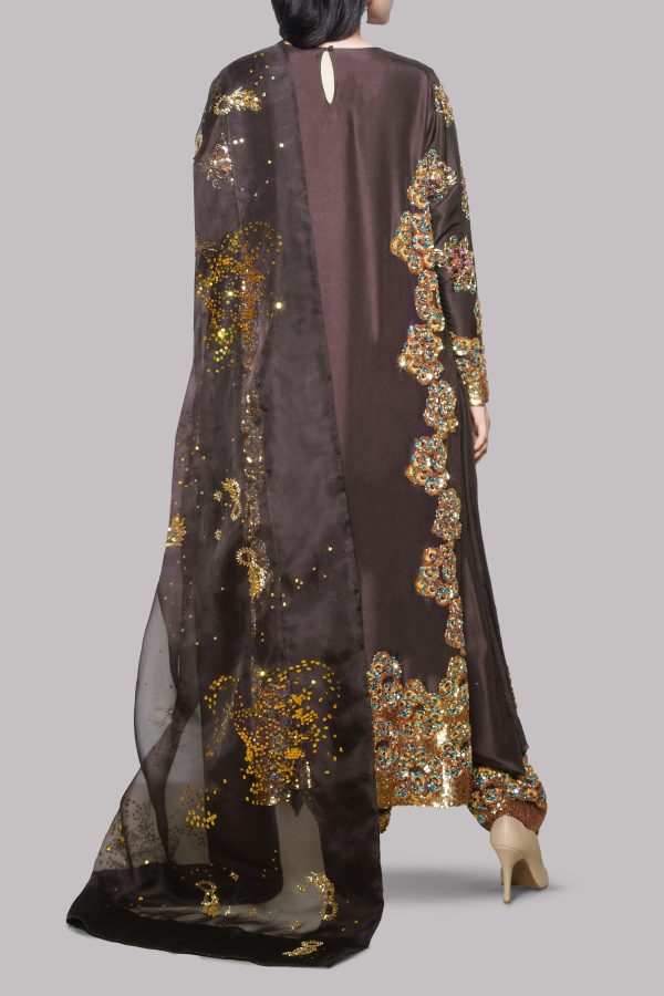Black Coffee Embellished Raw Silk Set - Image 3