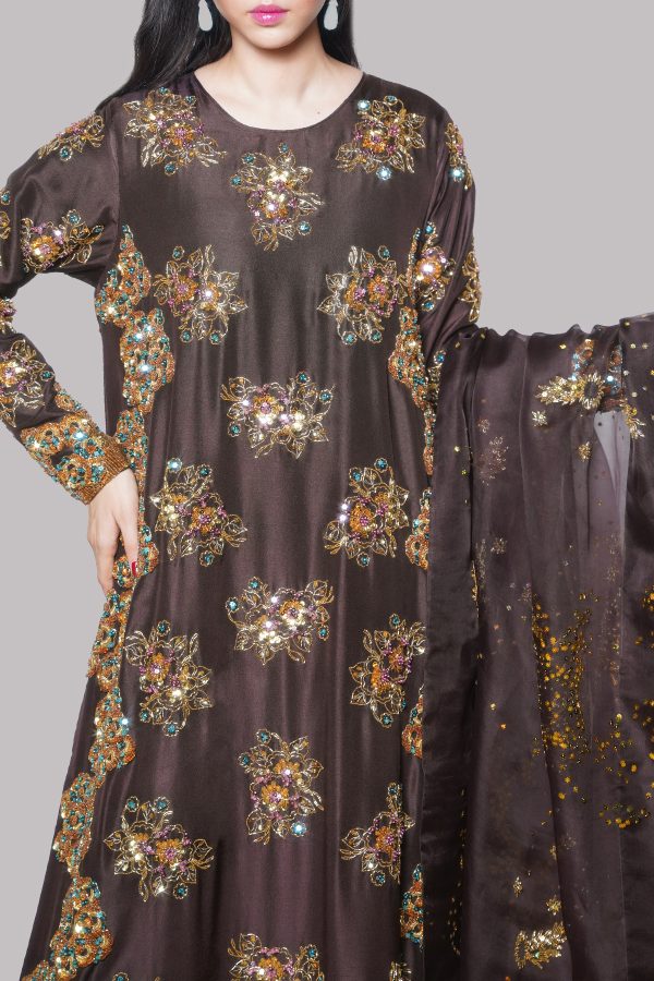 Black Coffee Embellished Raw Silk Set - Image 4