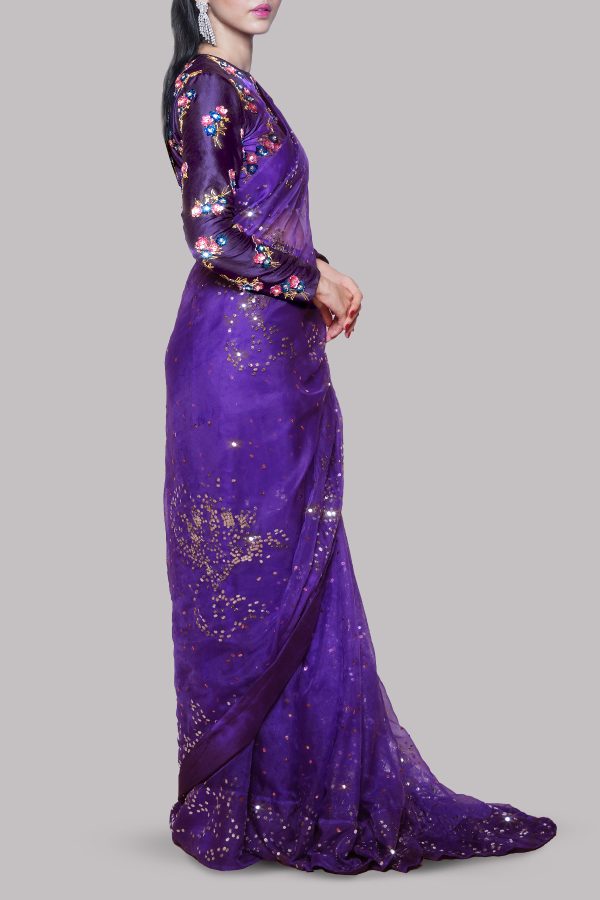 Prism Violet Embellished Organza Sari - Image 2