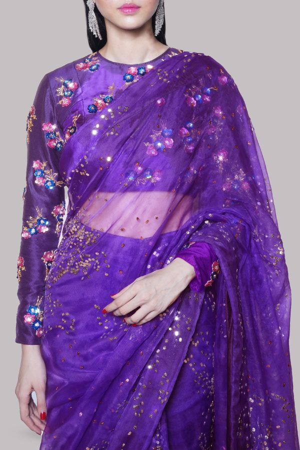 Prism Violet Embellished Organza Sari - Image 4