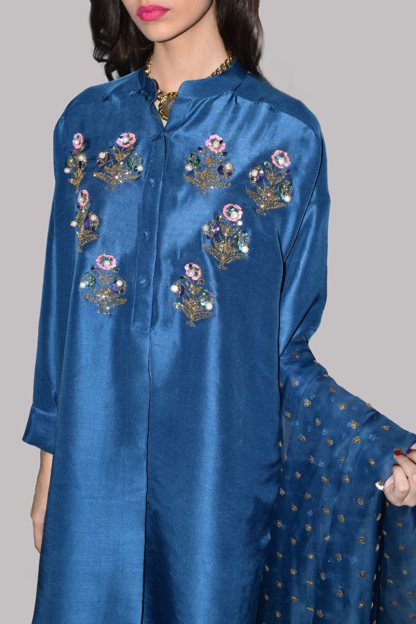 Seaport Blue and Ultramarine Green Embellished Raw Silk Set - Image 2