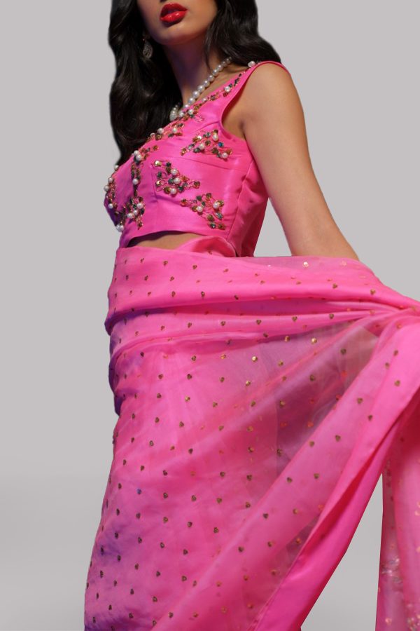 Azalea Pink Embellished Organza Sari - Image 2