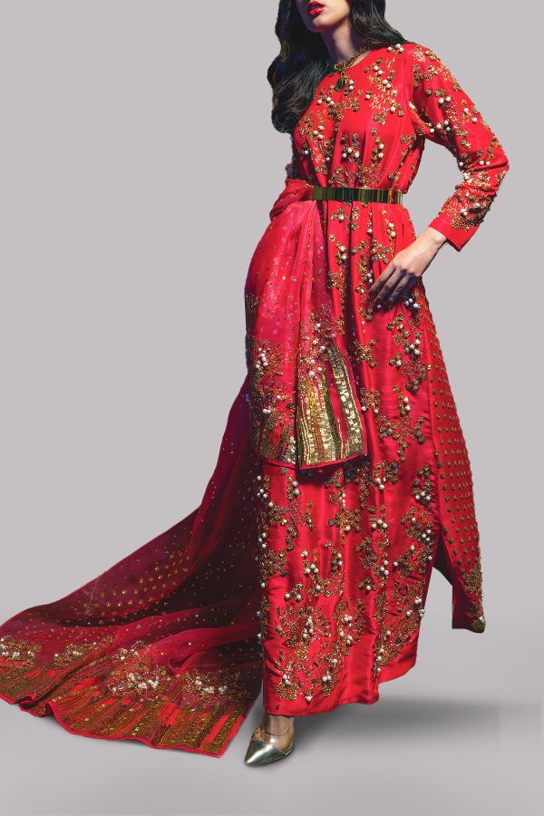 Lollipop Red Embellished Raw Silk Maxi Set - Image 2