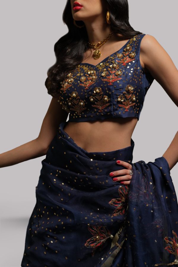 Black Iris Embellished Organza Sari - Image 3