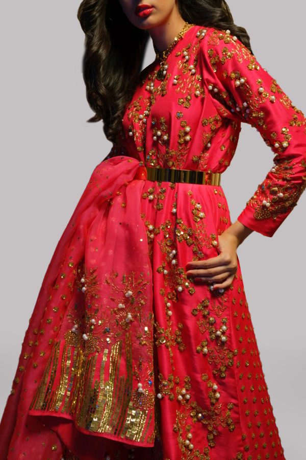 Lollipop Red Embellished Raw Silk Maxi Set - Image 3