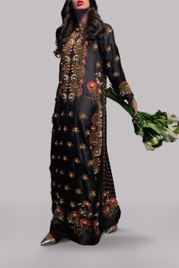 Black Embellished Raw Silk Maxi - Image 2