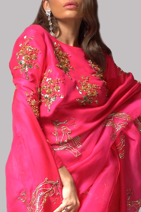 Beetroot Purple Embellished Organza Sari - Image 4