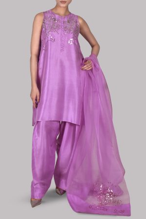 African Violet Embellished Raw Silk Set