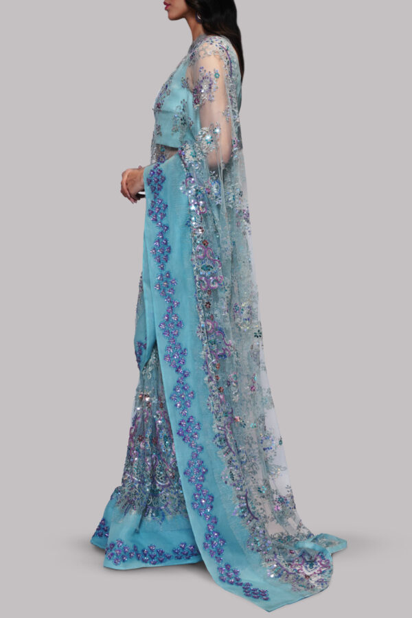 Cabana Blue Embellished Chantilly Lace Sari - Image 2