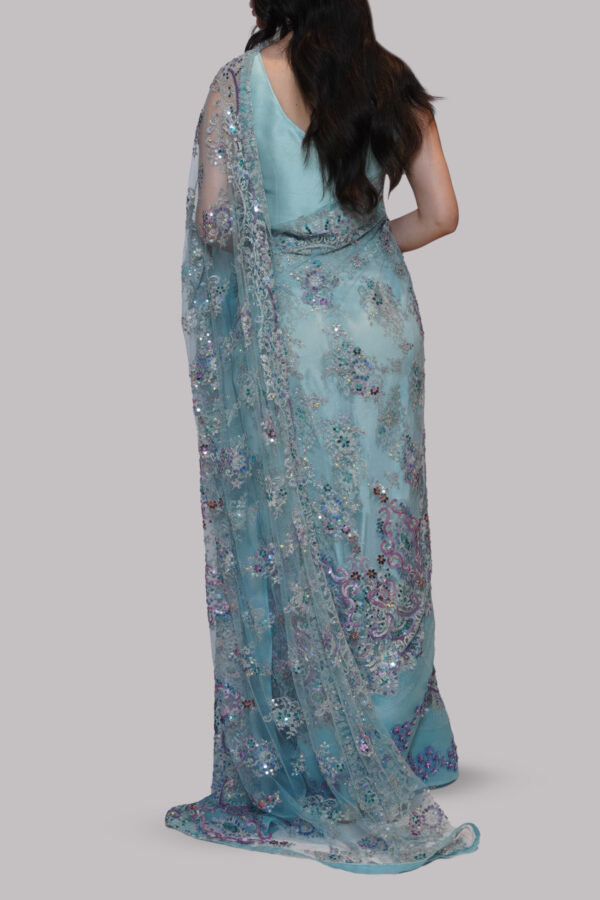 Cabana Blue Embellished Chantilly Lace Sari - Image 3