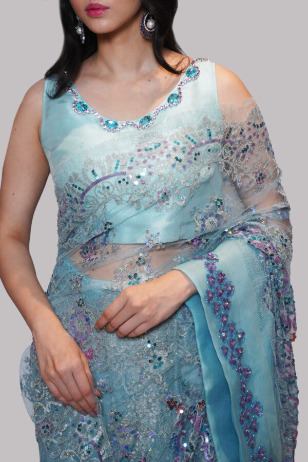 Cabana Blue Embellished Chantilly Lace Sari - Image 4