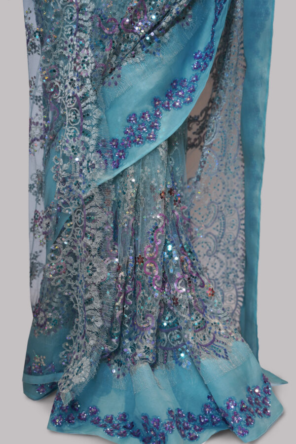 Cabana Blue Embellished Chantilly Lace Sari - Image 5