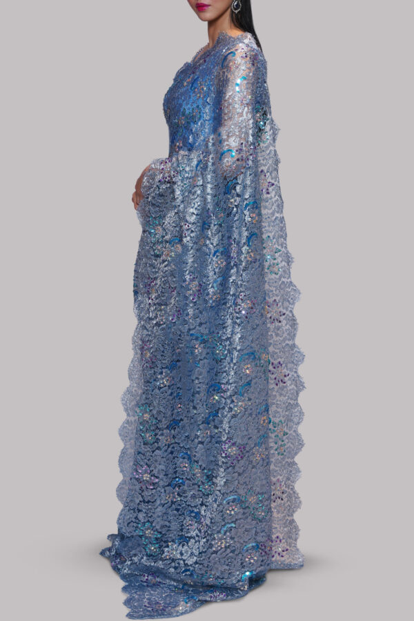 Blue Yonder Embellished Chantilly Lace Sari - Image 2