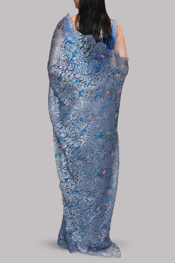 Blue Yonder Embellished Chantilly Lace Sari - Image 3