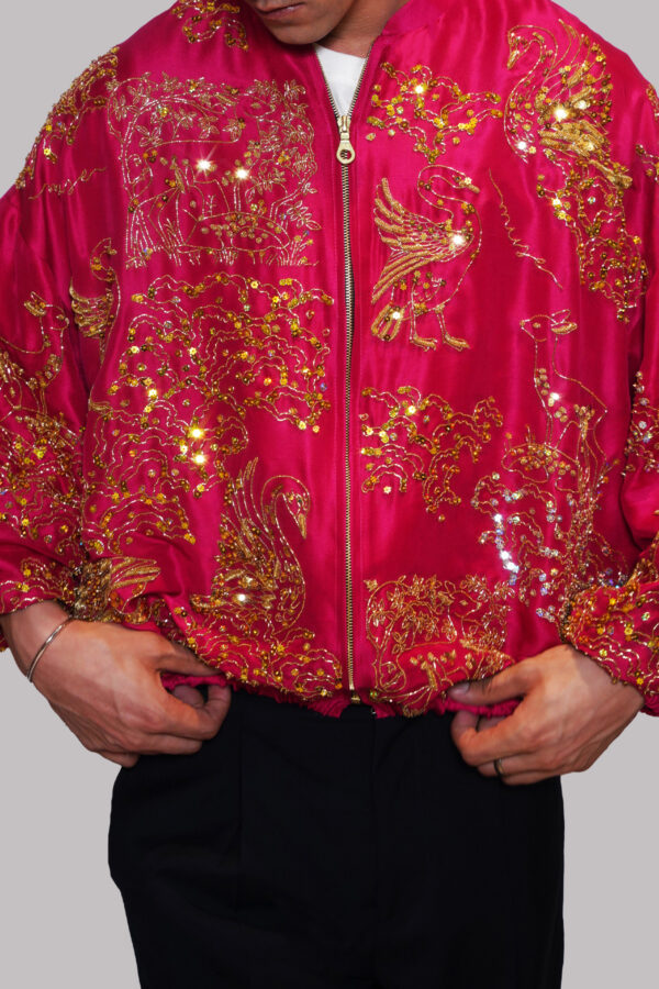 Tango Red Embellished Raw Silk Jacket - Image 4