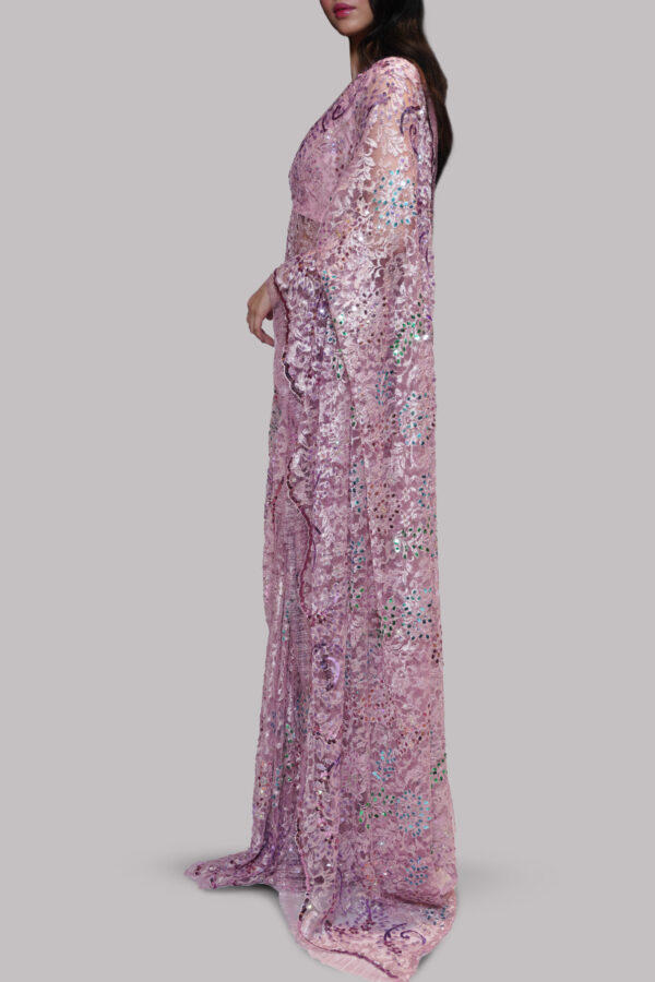 Lilac Sachet Embellished Chantilly Lace Sari - Image 2