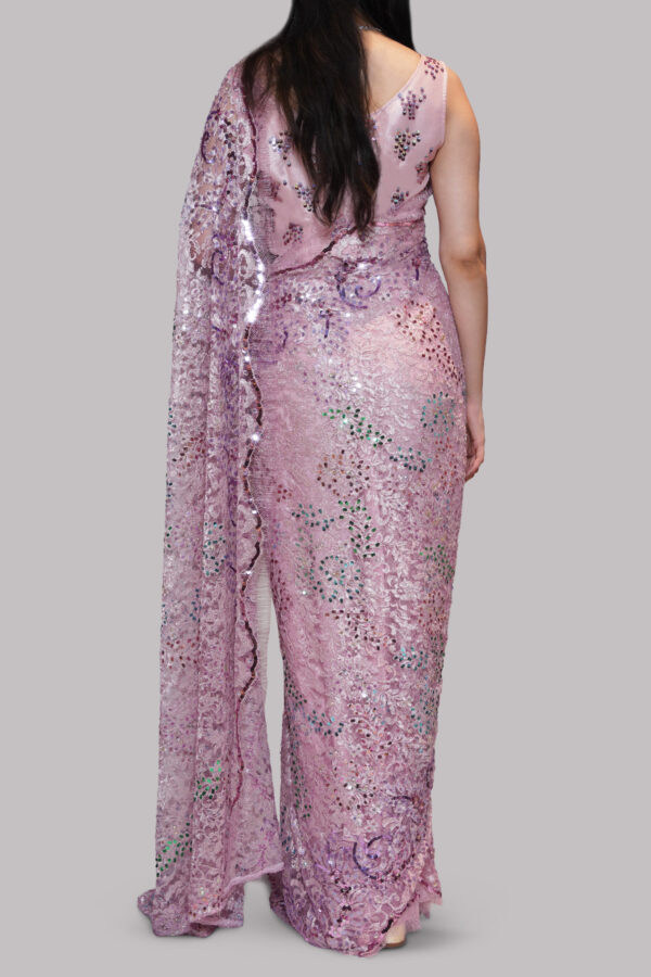 Lilac Sachet Embellished Chantilly Lace Sari - Image 3