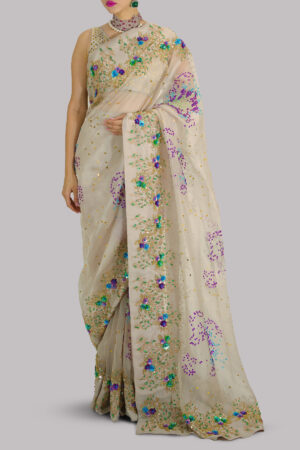 Silver Grey Embellished Organza Sari