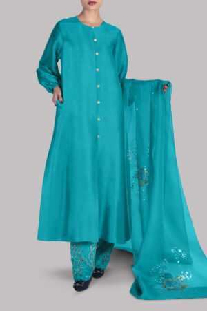 Lake Blue Embellished Raw Silk Set