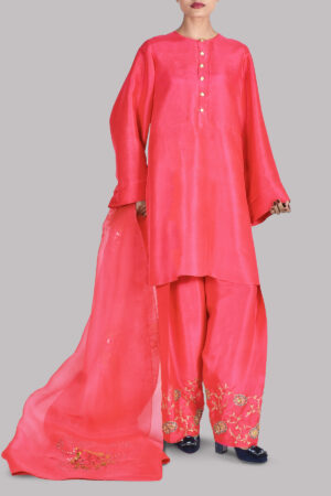 Rouge Red Embellished Raw Silk Set