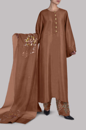 Mocha Mousse Embellished Raw Silk Set