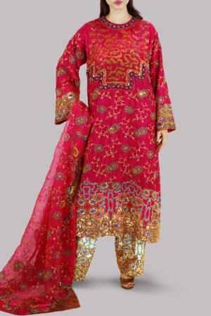 Tango Red Embellished Raw Silk Set