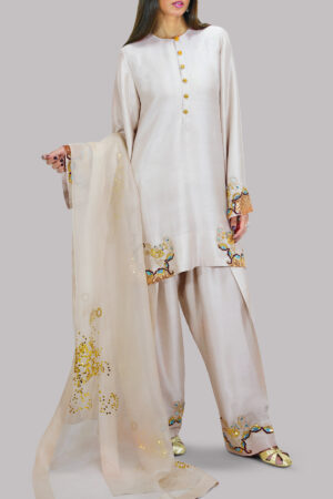 White Swan Embellished Raw Silk Set