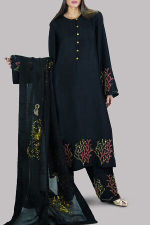 Black Embellished Raw Silk Set