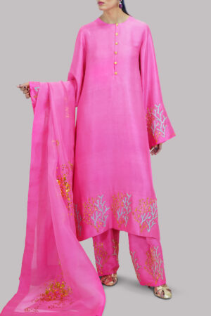 Azalea Pink Embellished Raw Silk Set
