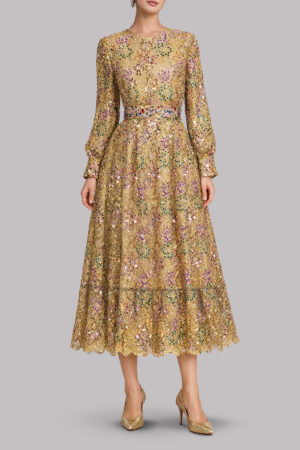 Metallic Gold French Lace Tiered Dress