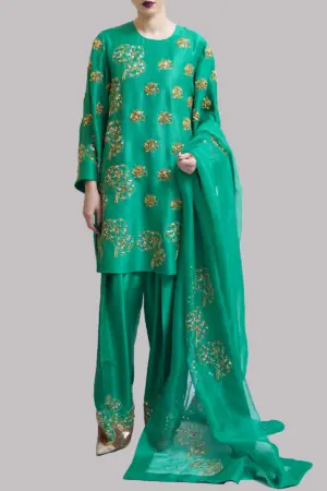Zip Green Embellished Raw Silk Set