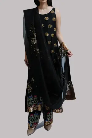 Black Embellished Raw Silk Set