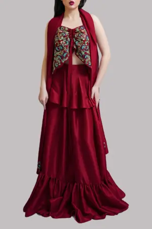 Rust Embellished Blouse Skirt Dupatta Set