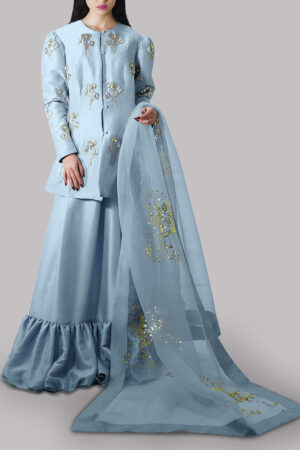 Cashmere Blue Embellished Raw Silk Skirt Set