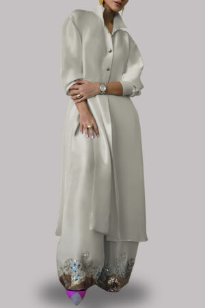 Egret Embellished Raw Silk Set